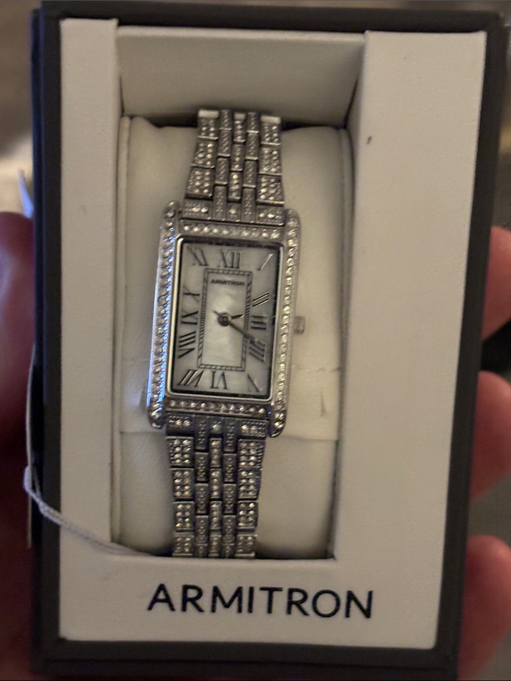 Armitron Silver Crystal-Accented Bracelet Watch with Mother-of-Pearl Dial